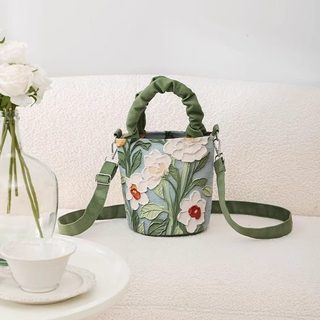 유화 플라워 캔버스 버킷백 여성 크로스백 주름 토트백 빈티지 데일리 가방