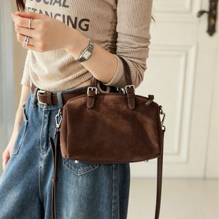 무광 소가죽 보스턴백 여성 빈티지 스웨이드 미니 토트 크로스백