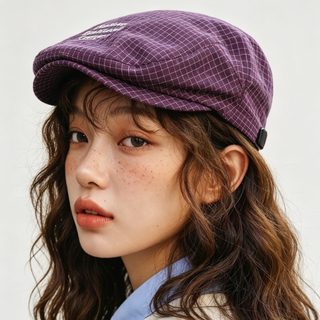 여성 체크 베레모 빈티지 감성 짧은 챙 브림 캡 가을 봄 캐주얼 코디 모자