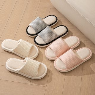 여성 린넨 실내화 하운드투스 체크 오픈토 여름 거실 슬리퍼