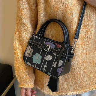여성 숄더백 민족풍 PU 패브릭 배색 미니 크로스백 데일리 토트백