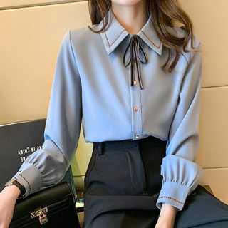 여성 쉬폰 블라우스 리본 타이 카라 긴팔 셔츠 가을 데일리 상의