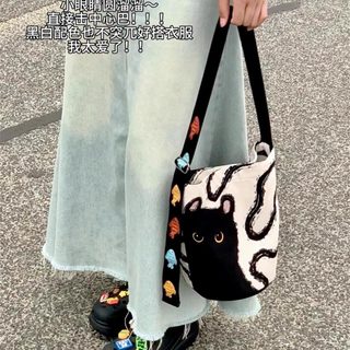 귀여운 고양이 프린트 캔버스 버킷백 여성 대용량 숄더 크로스백 24×18×12cm