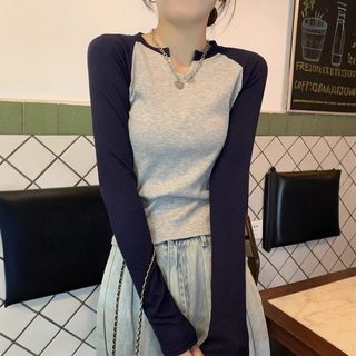 여성 코튼 브이넥 긴팔 티셔츠 가을 신상 슬림핏 배색 래글런 이너티