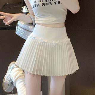 여성 여름 하이웨스트 플리츠 미니스커트 속바지 내장 A라인 치마 화이트 블랙