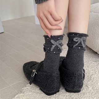 여성 겨울 보온 수면 양말 중목 토끼털 혼방 도트 리본 부드러운 양말