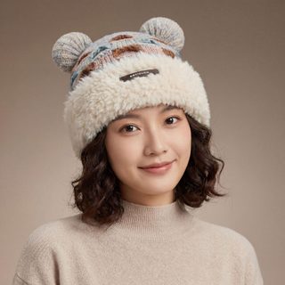곰돌이 귀 배색 니트 비니 겨울 방풍 보온 기모 털모자 M 56-58cm
