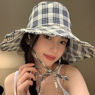 여성 체크 버킷햇 접이식 자외선 차단 와이드챙 여름 야외 썬캡