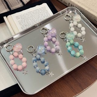 인어펄 하트 아크릴 비즈 핸드폰 스트랩 키링 8cm 가방 열쇠고리