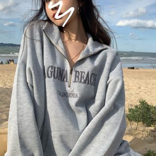 여성 그레이 오버핏 레터링 후드형 맨투맨 긴팔 POLO넥 봄가을 얇은 데일리 캐주얼 상의