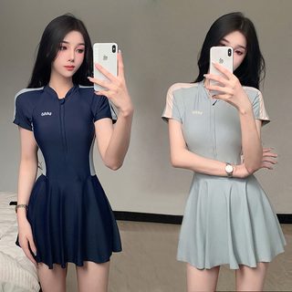 여성 반팔 원피스 수영복 체형커버 슬림핏 치마형 온천 해변 수영복