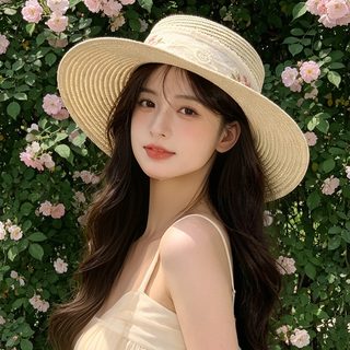 여성 레이스 장식 밀짚모자 여름 해변 여행 휴양지 평챙 자외선차단 썬캡