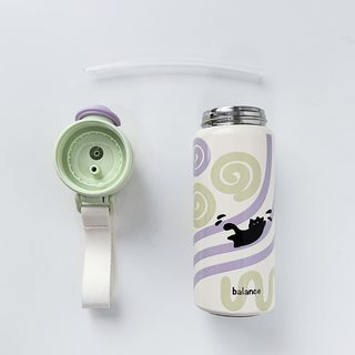 600ml 스테인리스 보온병 빨대 텀블러 2WAY 음용 휴대용 스트랩 학생 물병