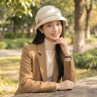 여성 울 혼방 리본 클로슈햇 가을 겨울 보온 복고풍 짧은챙 버킷햇 56-58cm