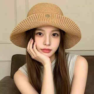 여성 여름 대챙 접이식 자석버클 밀짚 버킷햇 프렌치 레트로 비치 선캡