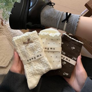 여성 레이스 중목 양말 봄여름 플라워 리본 빈티지 데일리 삭스