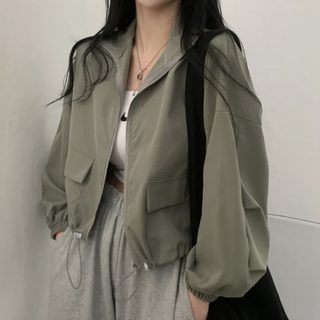 봄여름 얇은 바람막이 크롭 야구점퍼 빈티지 워크웨어 스트링 집업 재킷