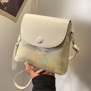 여성 버킷백 PU 미니 크로스백 중국풍 태슬 장식 데일리 숄더백