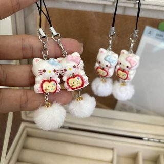 카툰 사과 고양이 키링 귀여운 레진 폼폼 휴대폰 스트랩 가방 장식 커플 우정 선물
