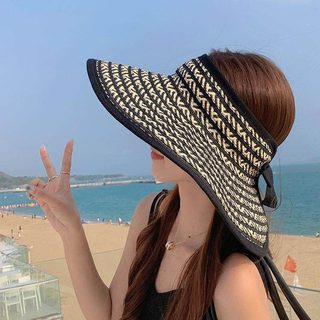 여성 여름 밀짚모자 큰챙 오픈탑 스트라이프 자외선 차단 비치 모자