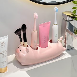 돼지 캐릭터 세라믹 욕실 칫솔걸이 전동칫솔 거치대 무타공 세면대 수