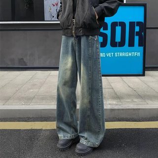 남성 워싱 와이드 데님 팬츠 빈티지 스트레이트핏 가을 캐주얼 롱 청바지