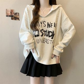 여성 빅사이즈 후드 긴팔 티셔츠 루즈핏 레터링 프린트 딥브이넥 데일리 상의 S-4XL