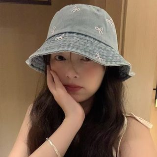 여성 데님 버킷햇 리본 소두핏 여름 자외선 차단 워싱 빈티지 모자