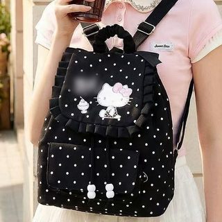 블랙 도트 고양이 백팩 여성 학생용 대용량 캔버스풍 러블리 데일리 배낭