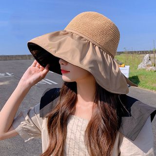 여성 여름 자외선 차단 버킷햇 리본 레이스 썬캡 블랙코팅 접이식 조절 가능
