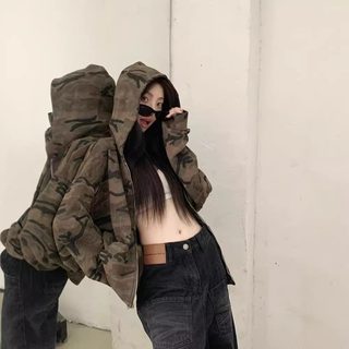 여성 카모플라주 후드 집업 오버핏 아메리칸 빈티지 캐주얼 긴팔 재킷