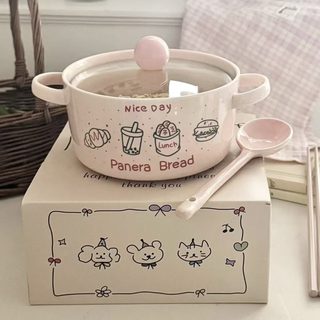 귀여운 북유럽풍 대용량 도자기 라면그릇 유리뚜껑 감자튀김 디자인 기숙사 생일선물