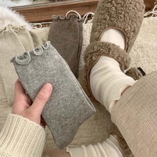 여성 무지 프릴 중목 양말 사계절 데일리 빈티지 루즈핏 골지 양말