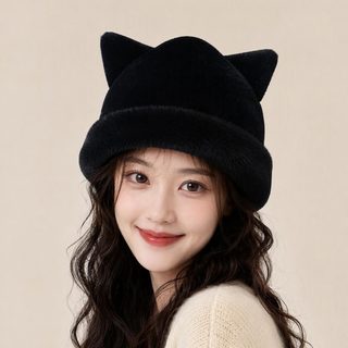 여성용 보들보들 고양이귀 니트모자 가을 겨울 방풍 보온 퍼 비니 프리사이즈