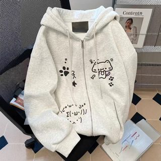 여성 루즈핏 캐릭터 프린트 후드집업 라이트그레이 간절기 얇은형 겨울 기모 후드티