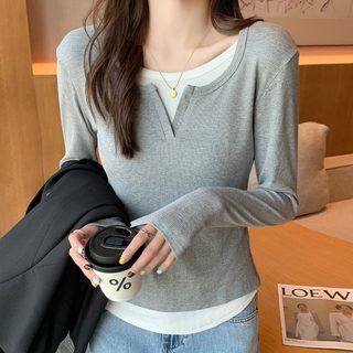 여성 배색 긴팔 티셔츠 슬림핏 라운드넥 레이어드 이너티 가을 데일리 상의