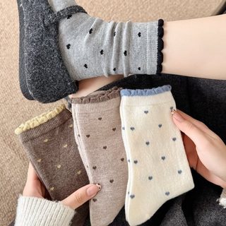 여성 중목 양말 배색 프릴 하트 포인트 가을 겨울 보온 데일리 주름 롱삭스
