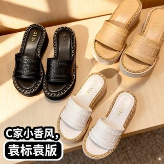 여성 미들힐 니트 라탄 슬리퍼 6.5cm 키높이 원피스 스트랩 여름 뮬
