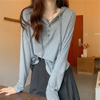 가을신상 여성 후드 긴팔 티셔츠 솔리드 베이직 레이어드 상의 캐주얼 학생용