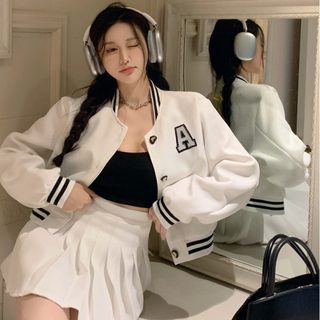 여성 화이트 크롭 야구점퍼 루즈핏 자수 레터링 카라 봄가을 긴팔 숏재킷