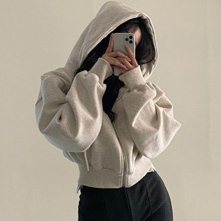 여성 기모 후드티 루즈핏 숏기장 지퍼 포인트 무지 긴팔 겨울 데일리 맨투맨