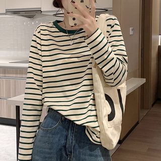 여성 순면 스트라이프 라운드넥 긴팔 티셔츠 루즈핏 봄가을 내추럴 데일리 상의