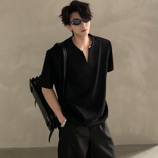 남성 여름 브이넥 반팔 티셔츠 오버핏 숄더 패드 무지 하이스트리트 캐주얼 대학생룩