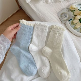 여성 봄여름 얇은 중목 양말 리본 발레코어 펀칭 프릴 루즈삭스
