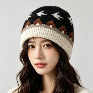 아크릴 자카드 니트모자 남녀공용 큰 머리둘레 귀덮는 겨울 비니 M 56-58cm