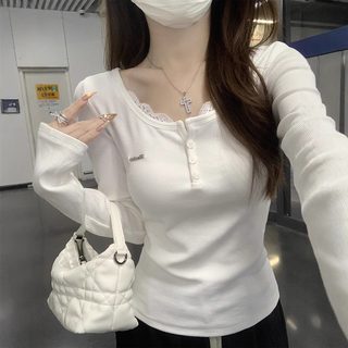 가을 여성 레이스 배색 반하이넥 긴팔 티셔츠 레이어드 슬림핏 이너탑