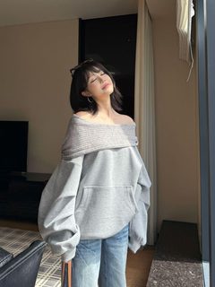 여성 오프숄더 후드 맨투맨 2025 봄가을 그레이 루즈핏 감성 상의
