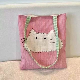 고양이 에코백 캔버스 숄더백 핑크 라인 대용량 데일리 통학 가방