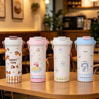귀여운 캐릭터 손잡이 보온병 501-600ml 316 스테인리스 빨대 듀얼캡 텀블러
