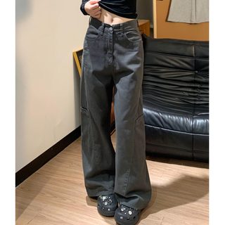 그레이 빈티지 여성 하이웨이스트 와이드 카고 데님 팬츠 키작녀 기본·롱기장